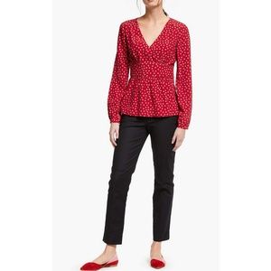NEW Boden Red Polka Dot Pleated V-neck Top